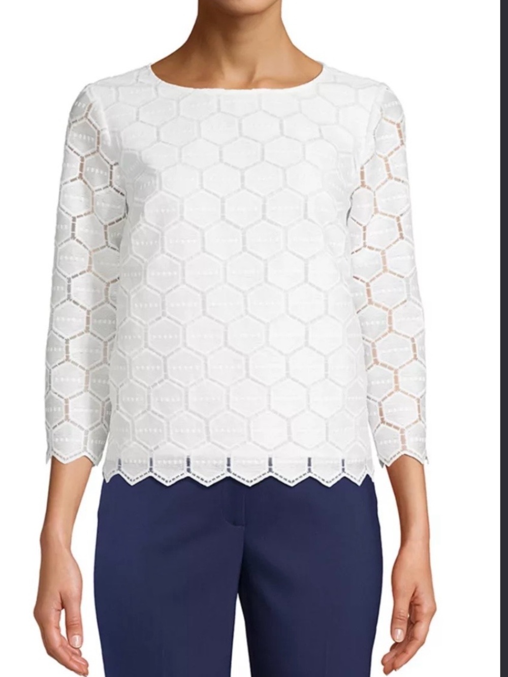 Anne Klein White Eyelet Lace 3/4 Sleeve Top